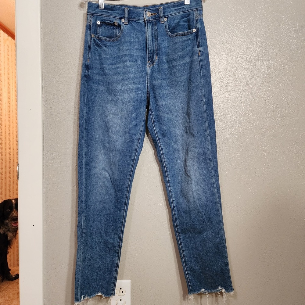 American Eagle Women's Mom‎ Jean Size 6 Raw Hem Blue Distressed Denim